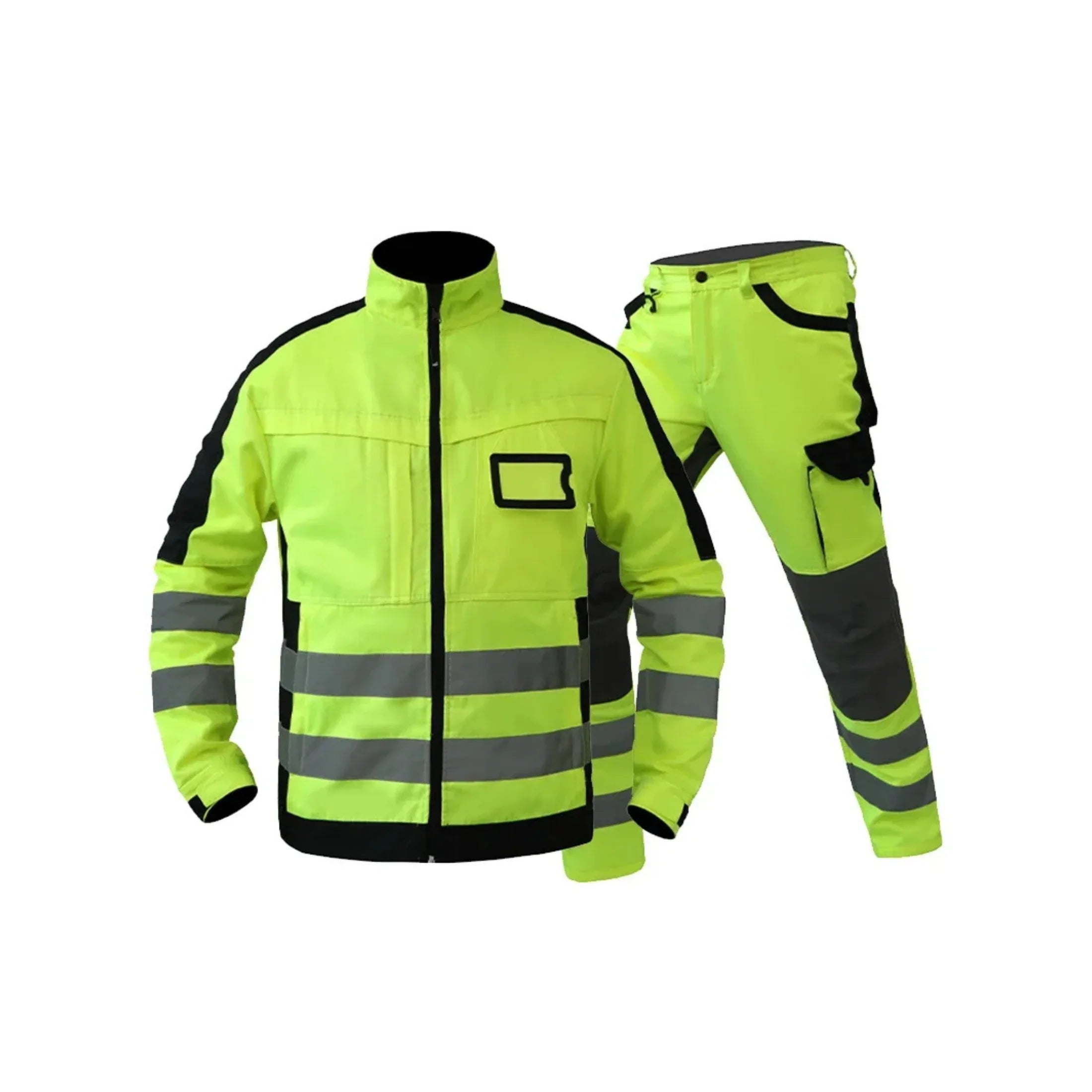 High-visibility neon yellow safety jacket and pants with reflective stripes for construction and industrial workwear