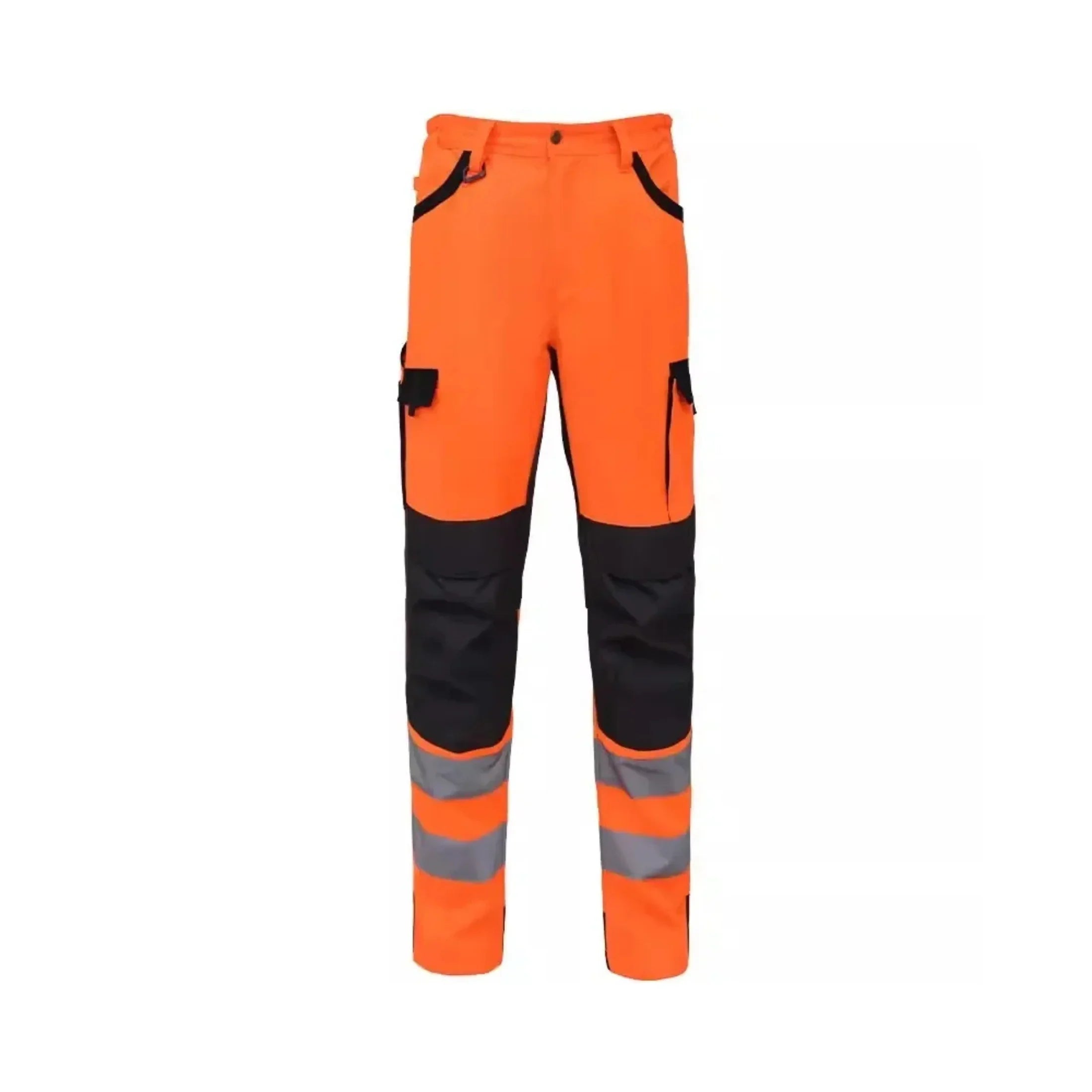 High-visibility orange work pants with black knee patches and reflective stripes for safety and durability
