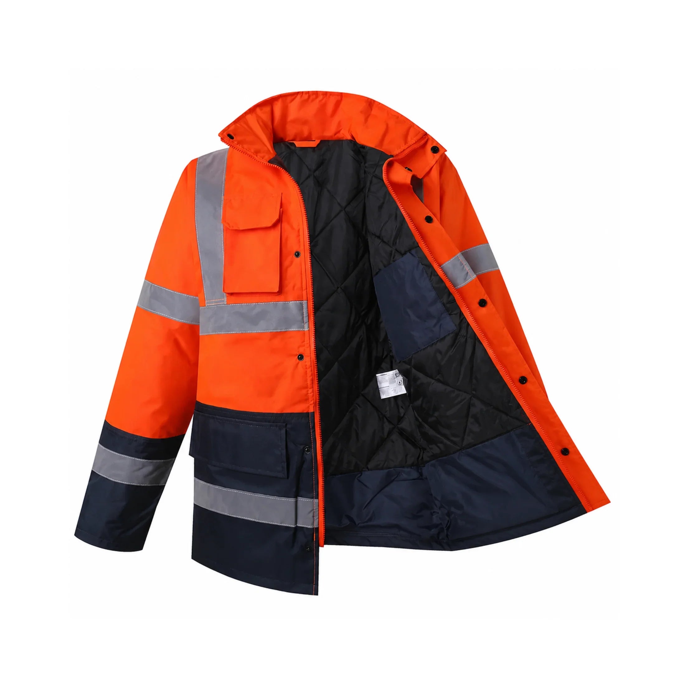 High-visibility orange and navy safety jacket with reflective stripes and quilted lining for workwear
