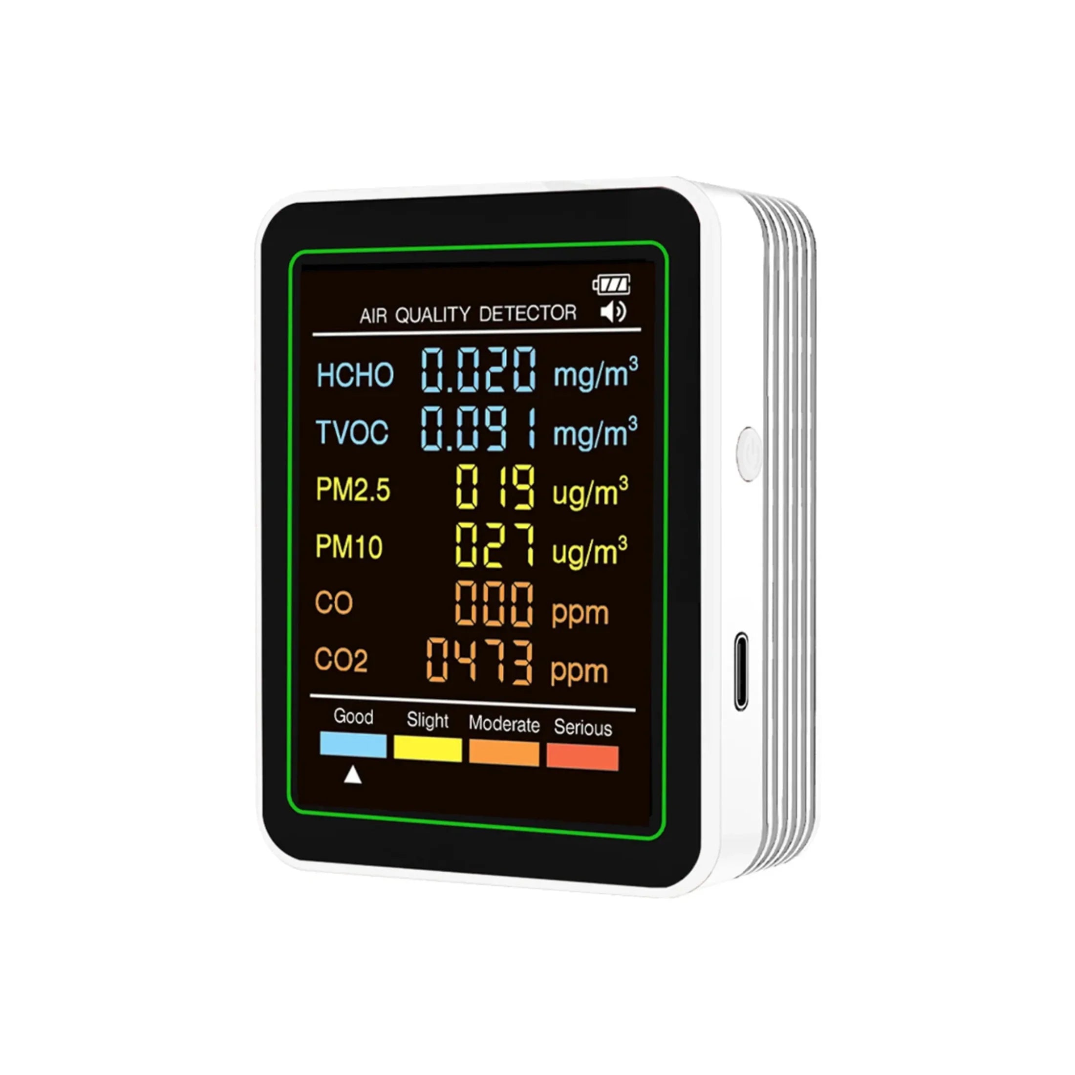 Digital air quality detector displaying HCHO, TVOC, PM2.5, PM10, CO, CO2 levels with color-coded status indicator
