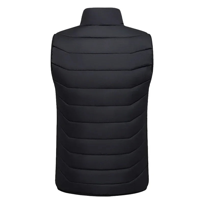 Black puffer vest with quilted design and high collar, back view