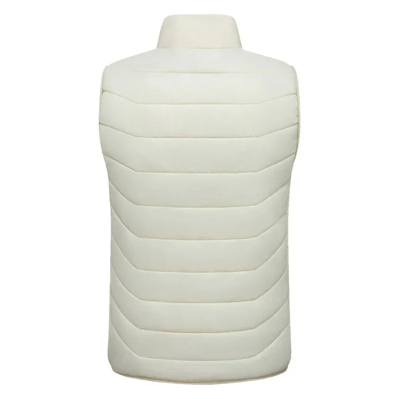 Cream puffer vest with horizontal quilting, sleeveless design, and high collar for warmth and style