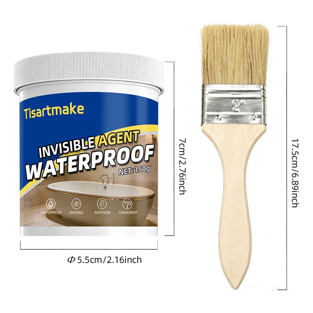 Invisible waterproofing agent with 2-inch brush for bathroom sealing, 150g tub, easy application