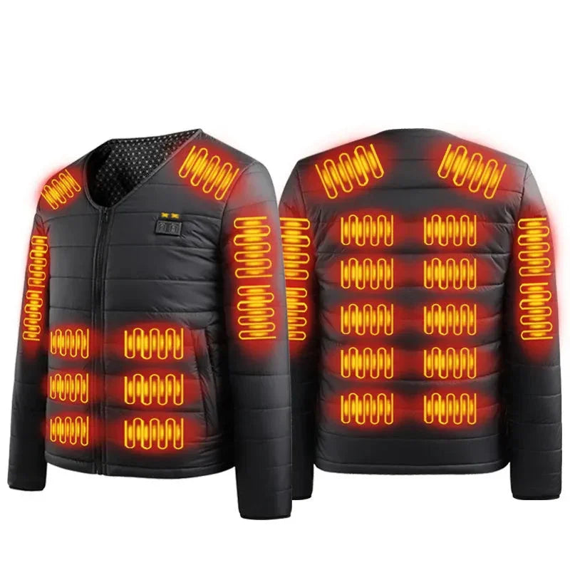Black heated jacket with glowing orange heating elements on front and back for warmth