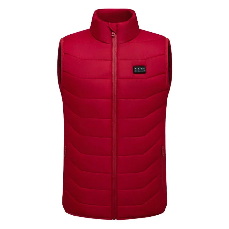 Red heated vest with zip front and control panel, ideal for outdoor warmth and comfort