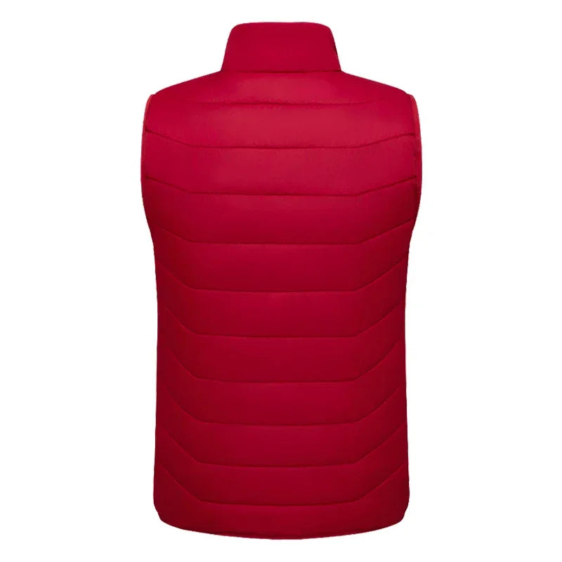 Red puffer vest with horizontal quilting, back view, sleeveless winter outerwear