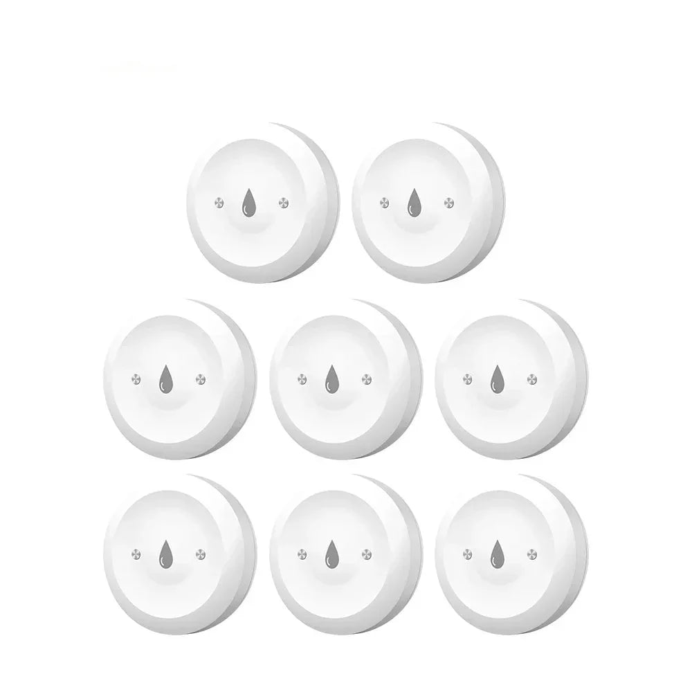White water leak detectors with drop icon, smart home safety sensors for flood prevention