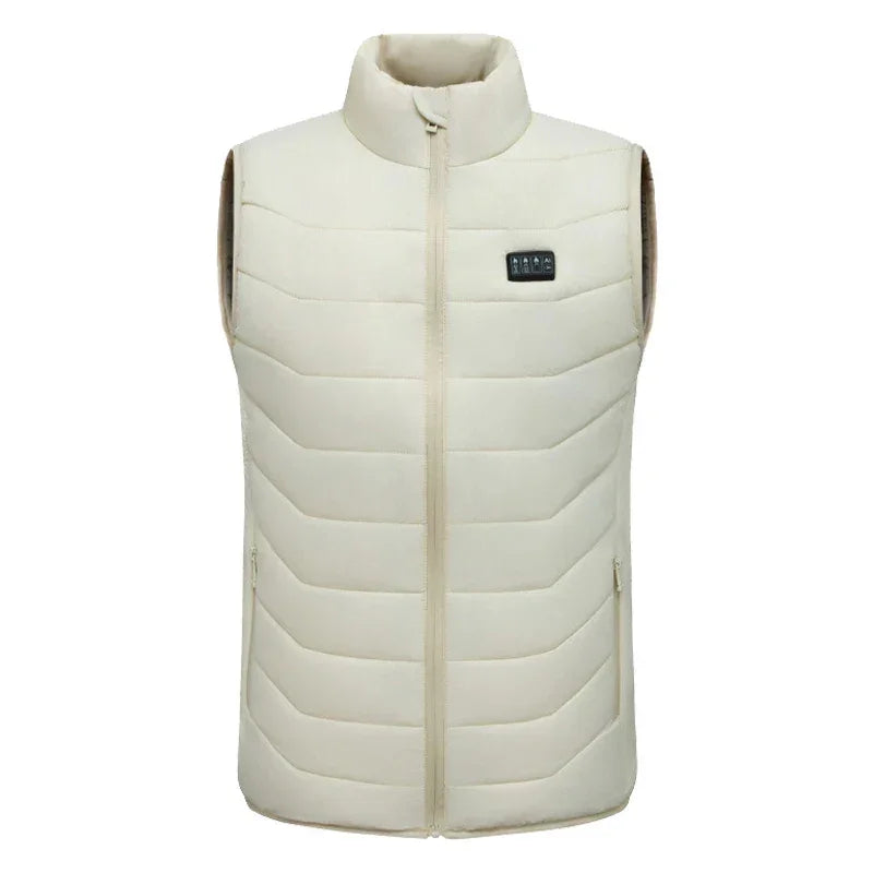 Cream heated vest with zip front, quilted design, and control panel for warmth