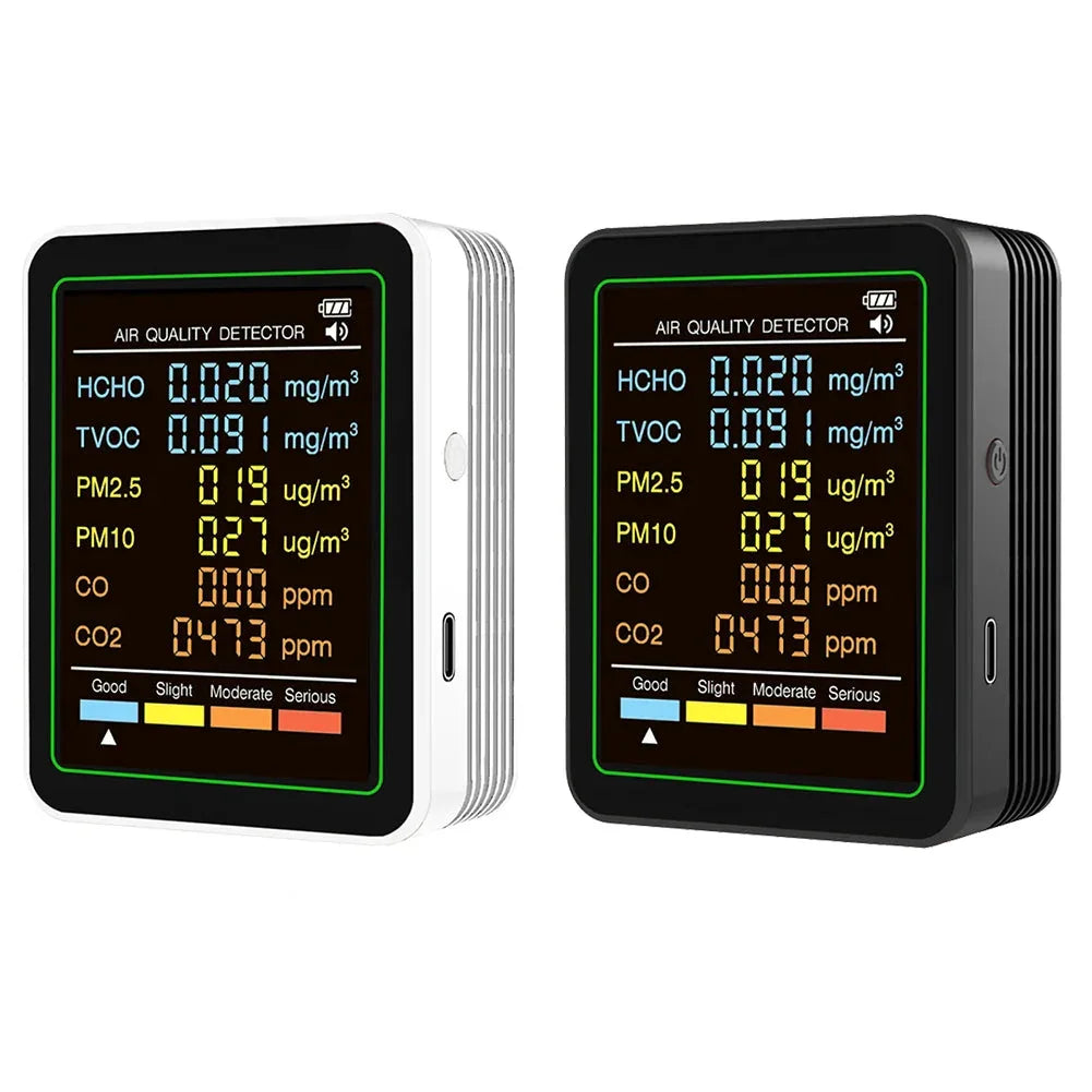 Digital air quality detector displaying HCHO, TVOC, PM2.5, PM10, CO, CO2 levels with color-coded alerts