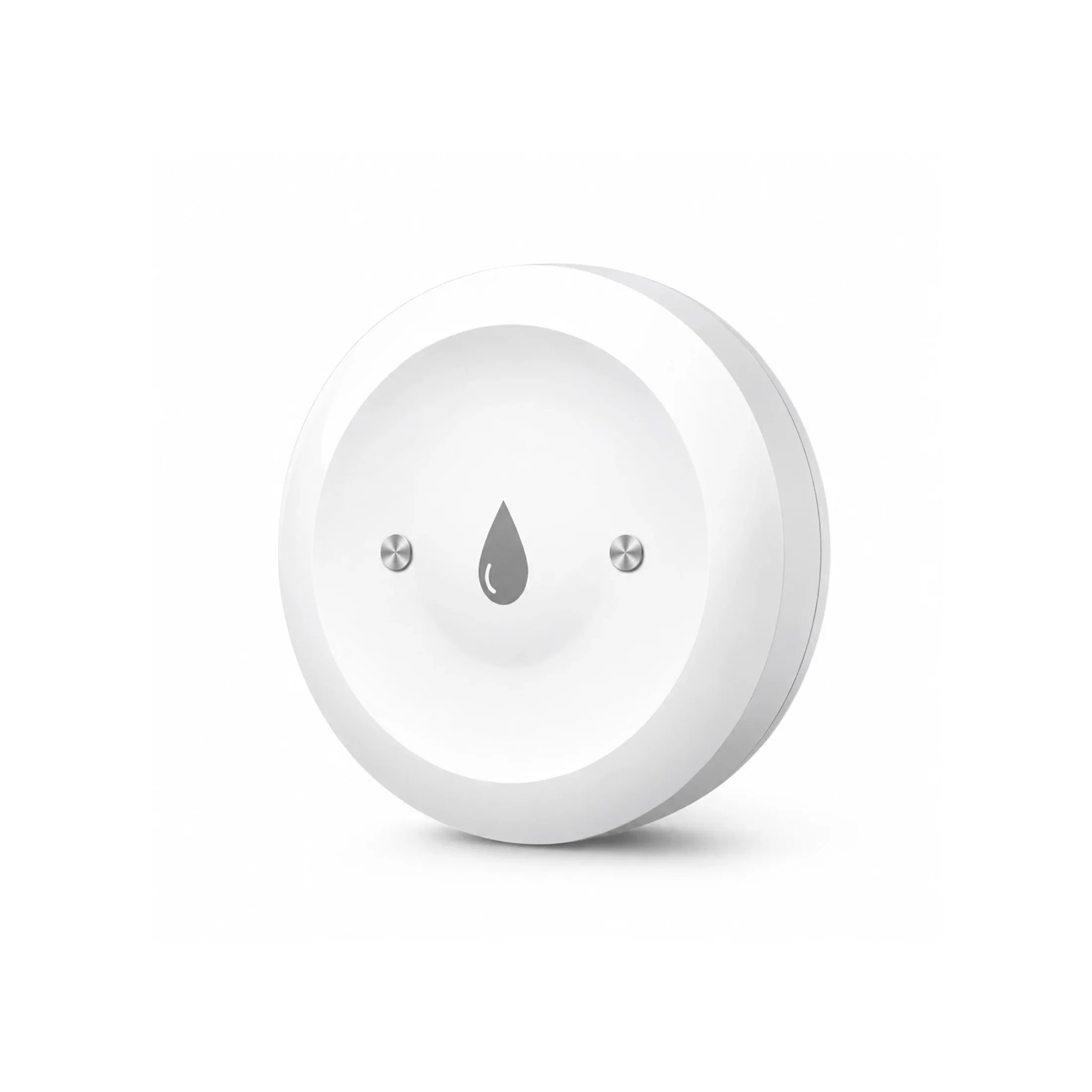 White smart water leak detector with drop icon and sensors for home safety monitoring