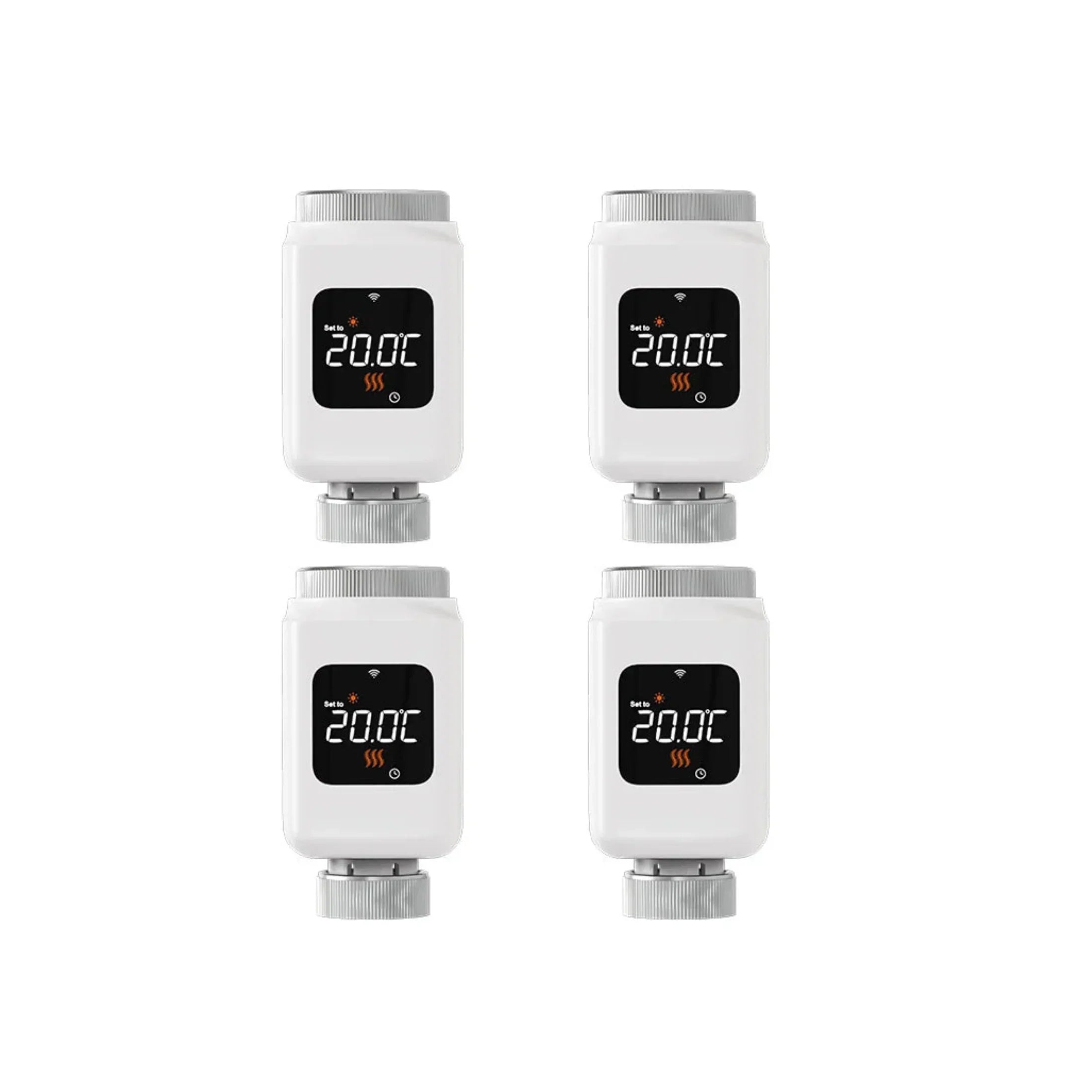 Smart thermostat valve set displaying 20.0°C with Wi-Fi connectivity and heating icon