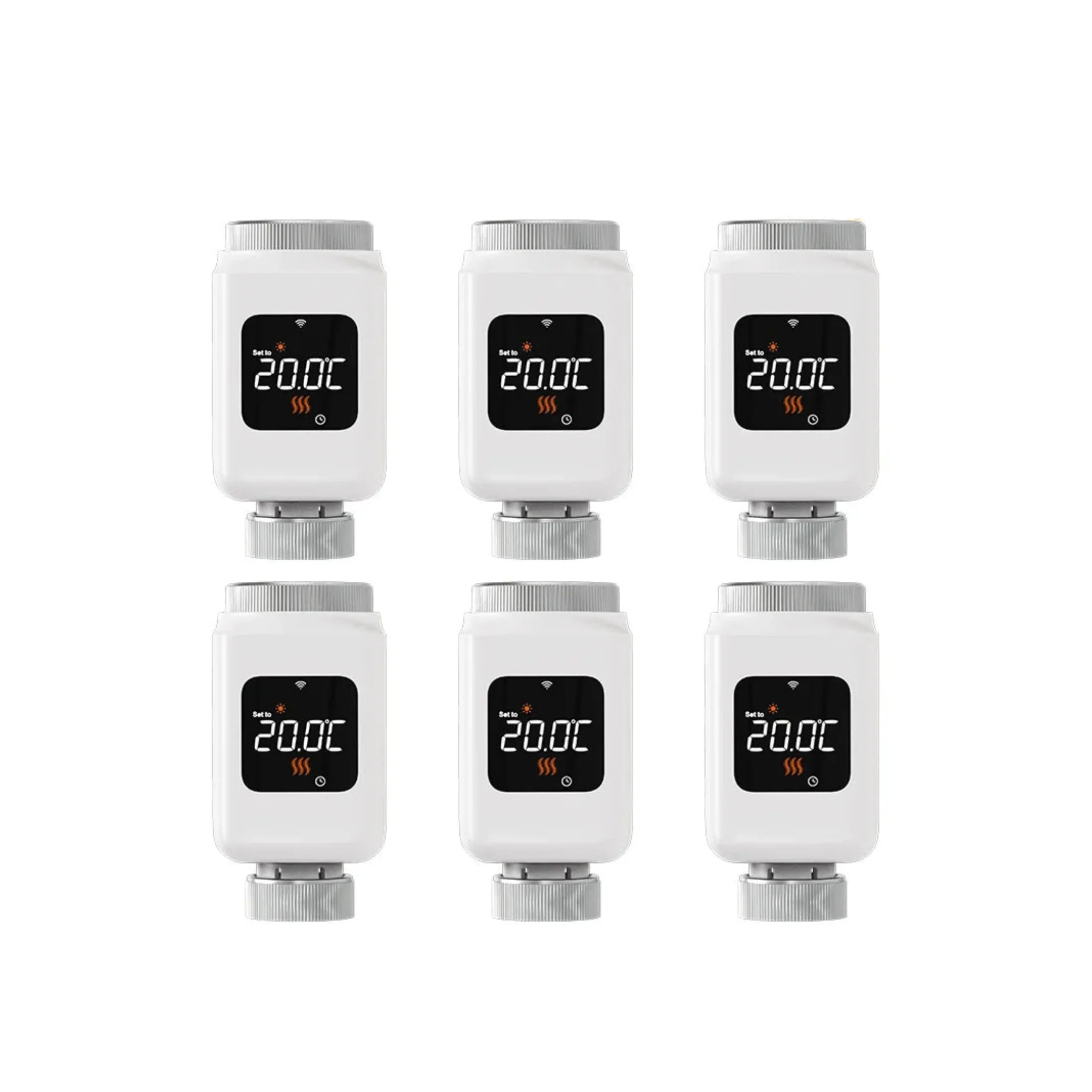 Six smart radiator thermostats with digital display showing 20.0°C, Wi-Fi enabled for home heating control
