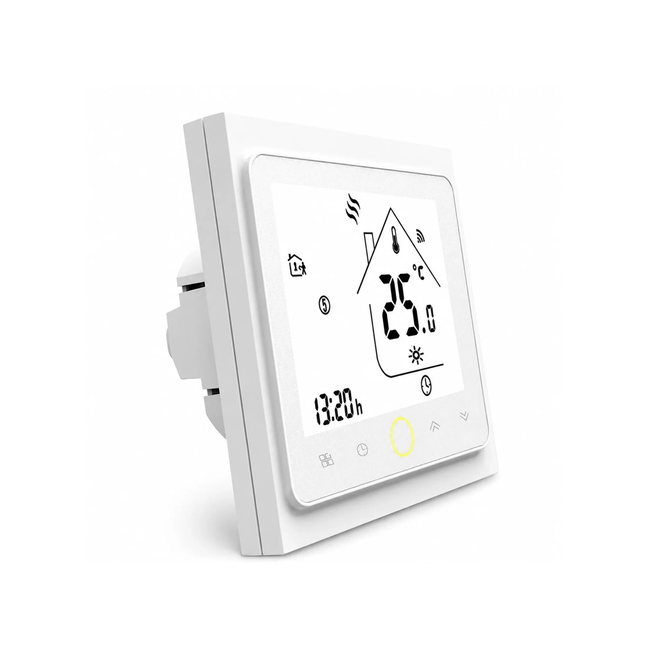 Smart digital thermostat displaying 25°C with home heating icons and time, white wall-mounted design