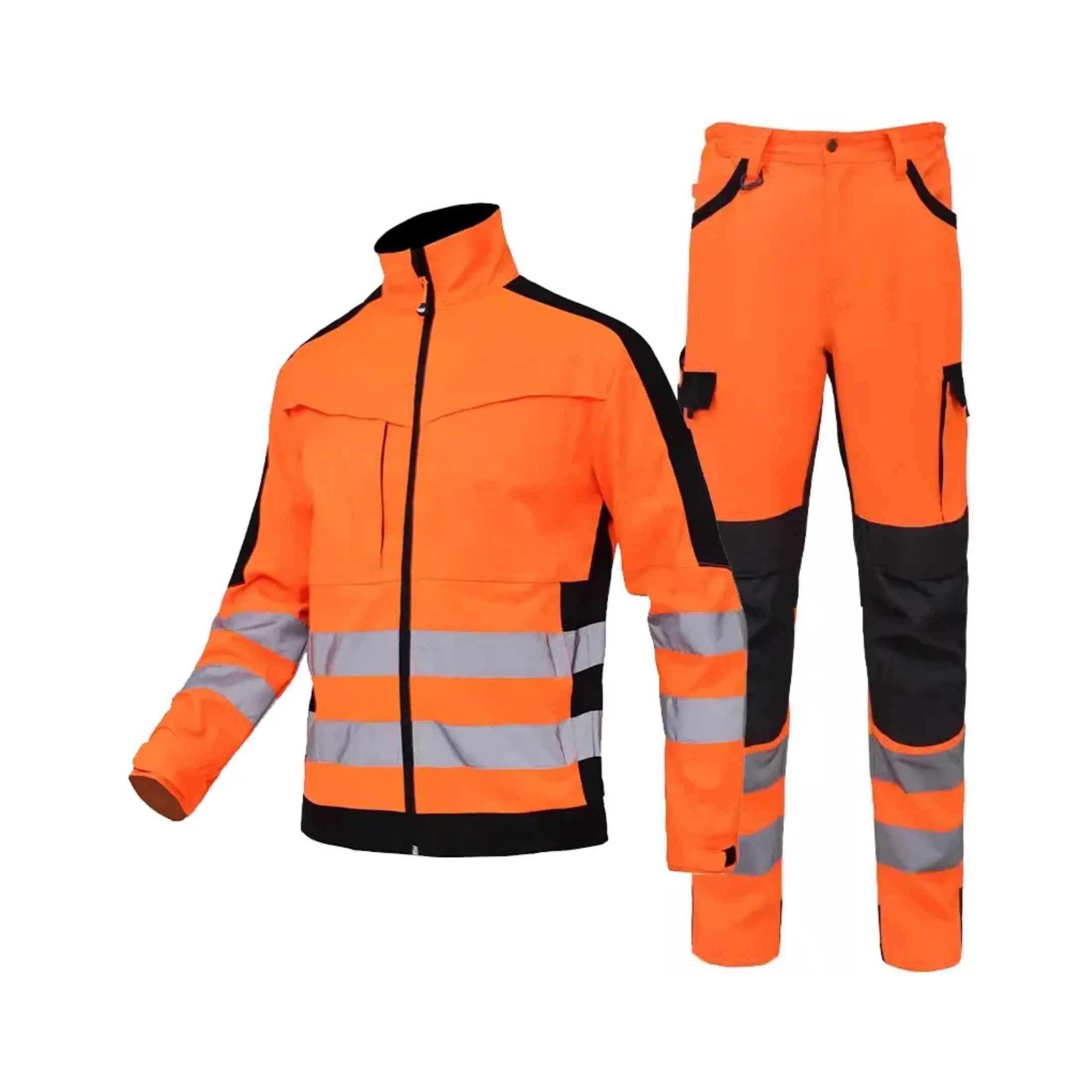 High-visibility orange safety workwear set with reflective stripes and black accents for construction or industrial use