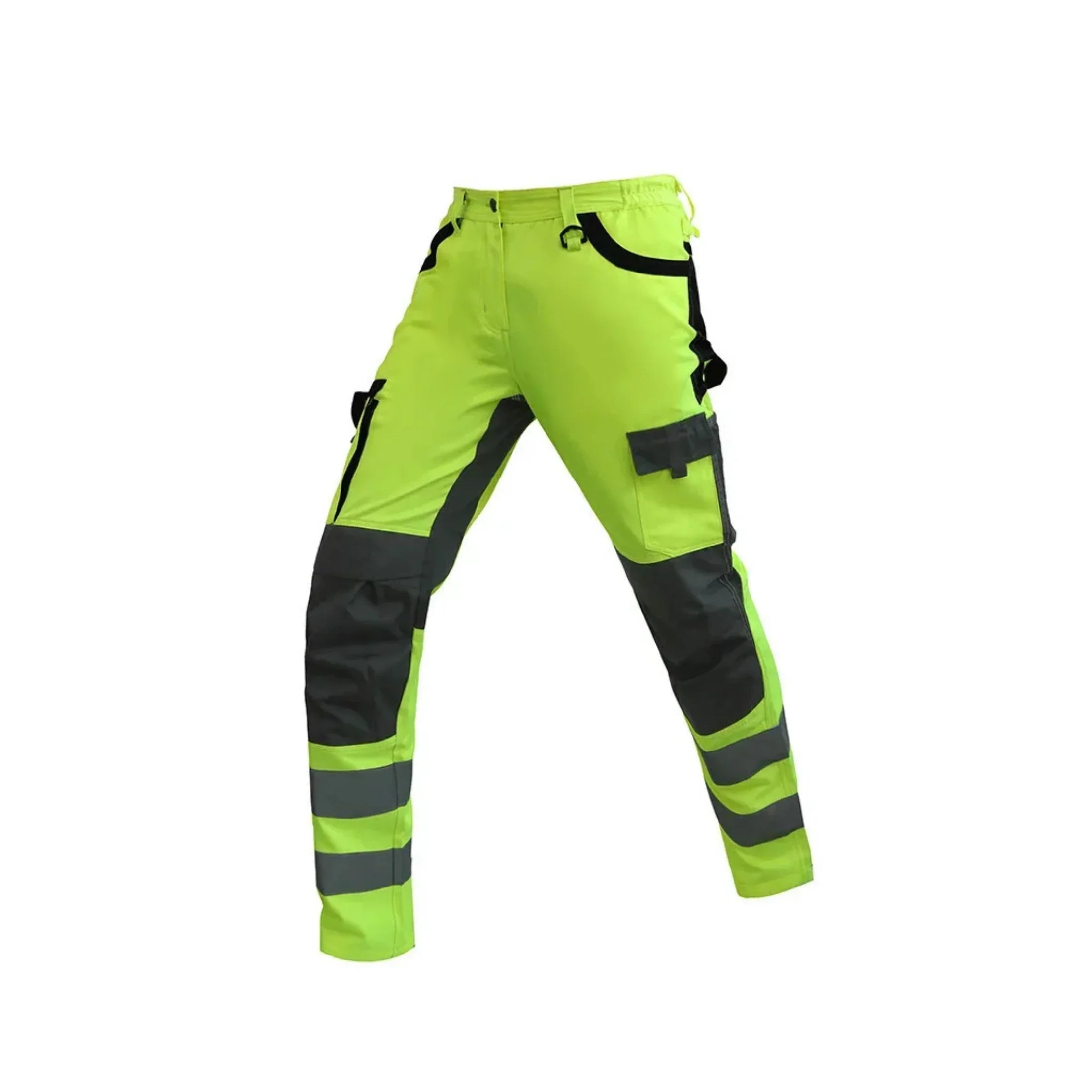 High-visibility neon yellow work pants with black knee pads and reflective stripes for safety and durability