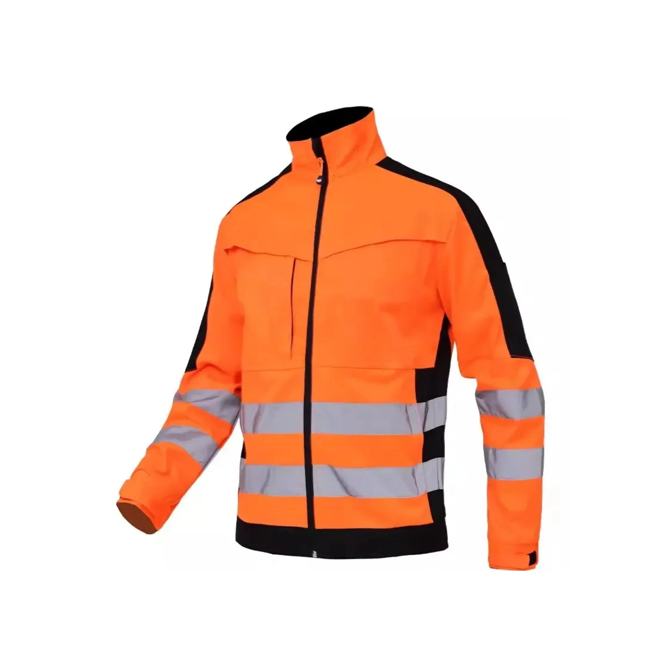 High-visibility orange safety jacket with reflective stripes and black accents for construction or industrial workwear