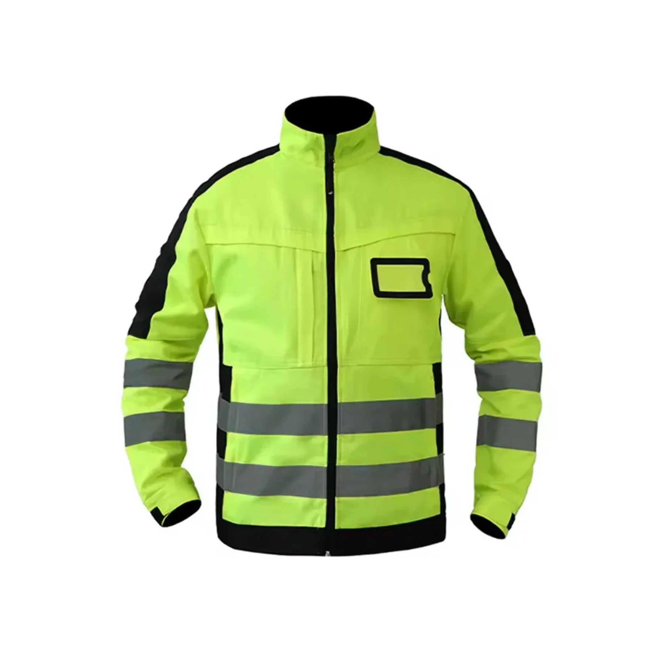 High visibility safety jacket with reflective stripes and black accents for construction or road work