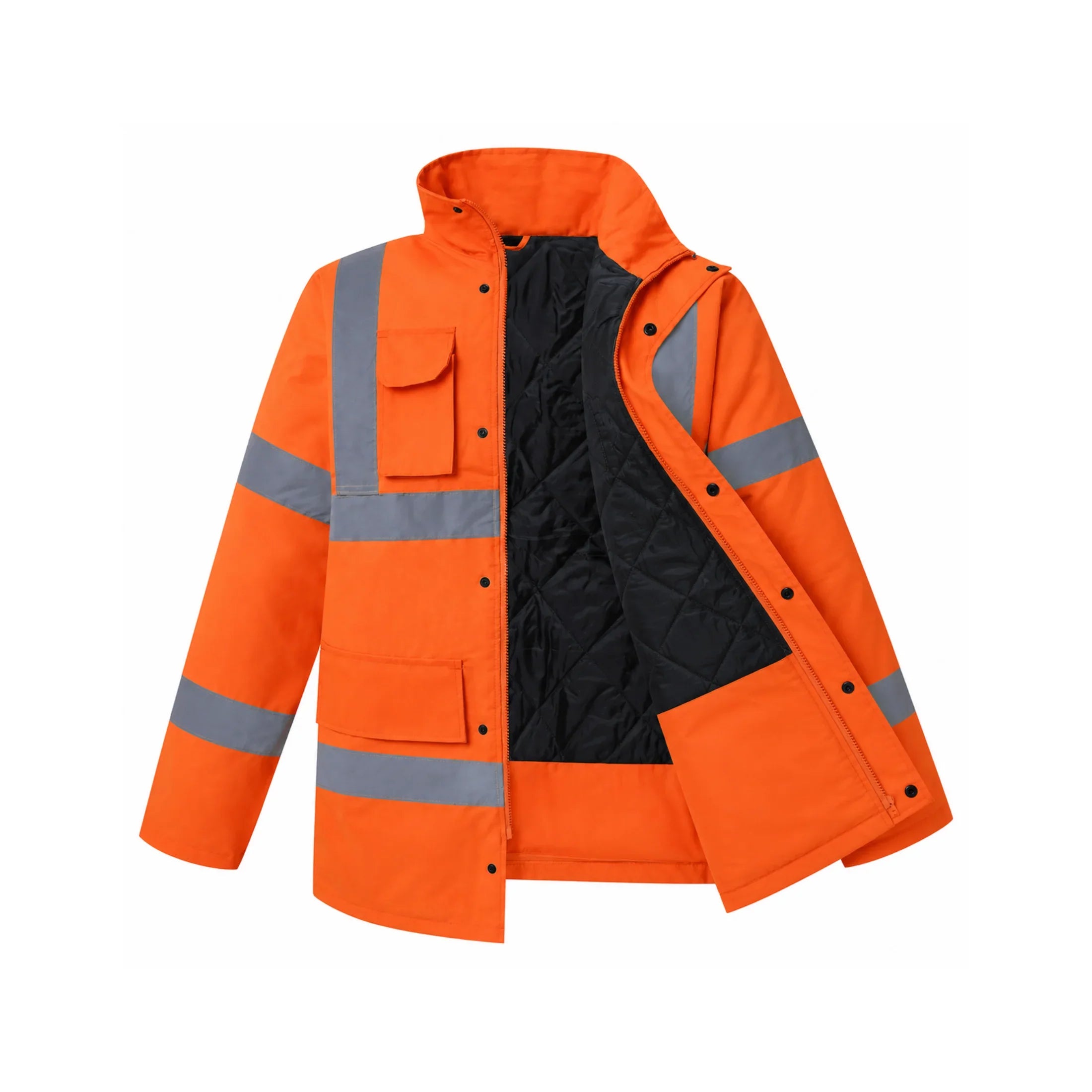 High-visibility orange safety jacket with reflective stripes and quilted lining for workwear