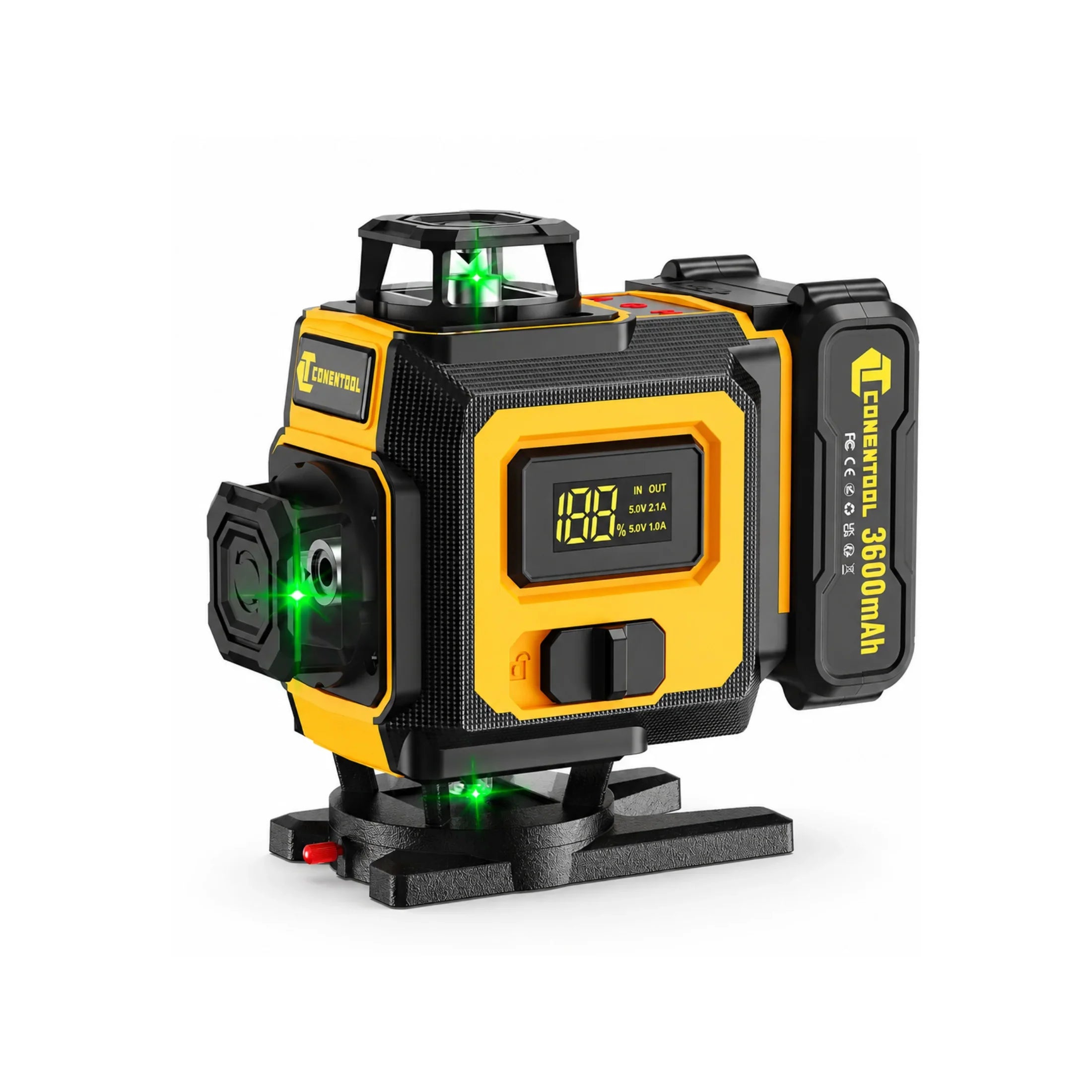 Green beam laser level with digital display, 360° rotary, rechargeable battery, for construction and alignment tasks