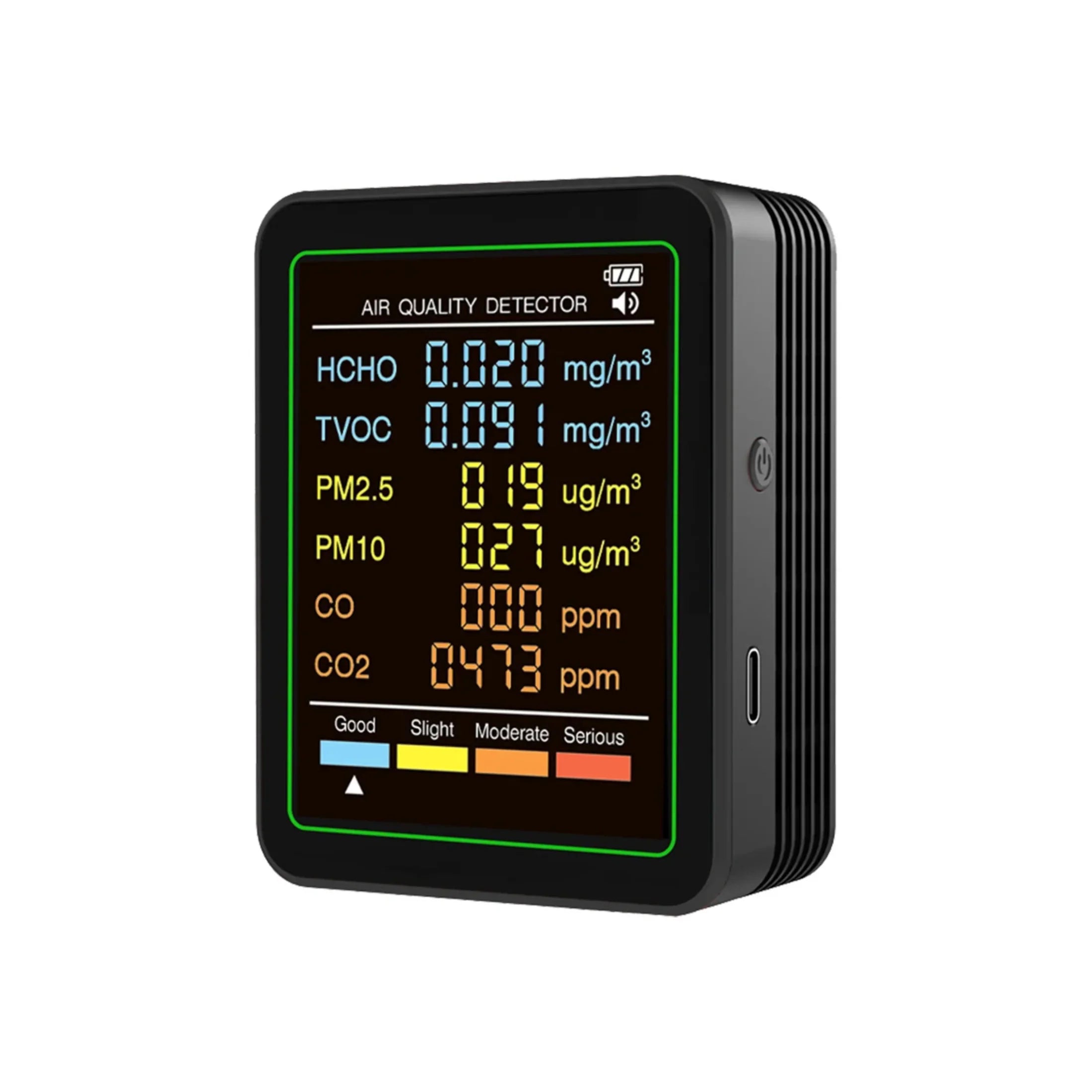 Portable air quality detector displaying HCHO, TVOC, PM2.5, PM10, CO, CO2 levels with color-coded status indicator