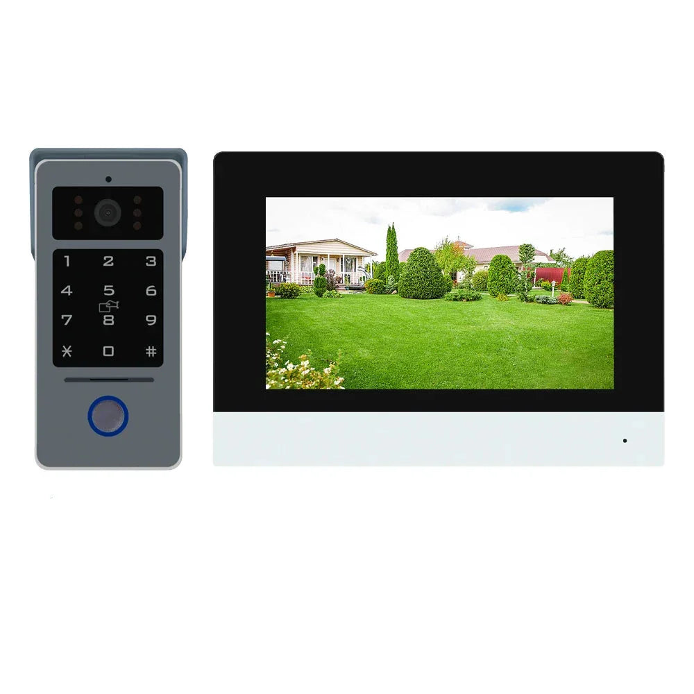 Video doorbell with keypad and monitor displaying front yard view for home security