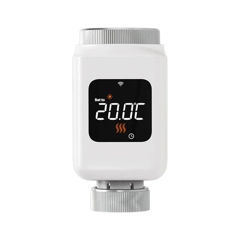 Smart thermostat valve displaying 20.0°C with Wi-Fi connectivity and heating icons