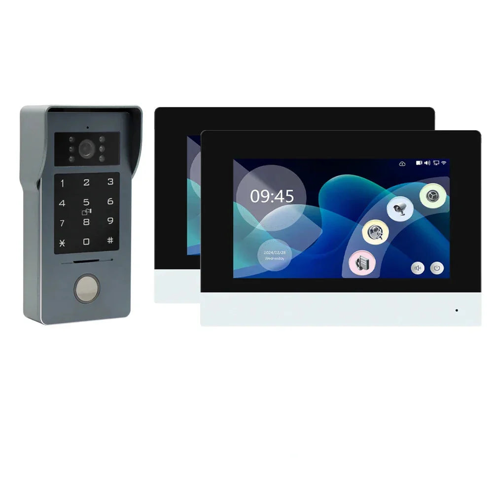 Smart video doorbell with keypad and dual indoor monitors displaying time and control icons