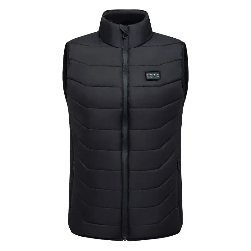 Black heated vest with zip front and control panel, ideal for warmth during outdoor activities