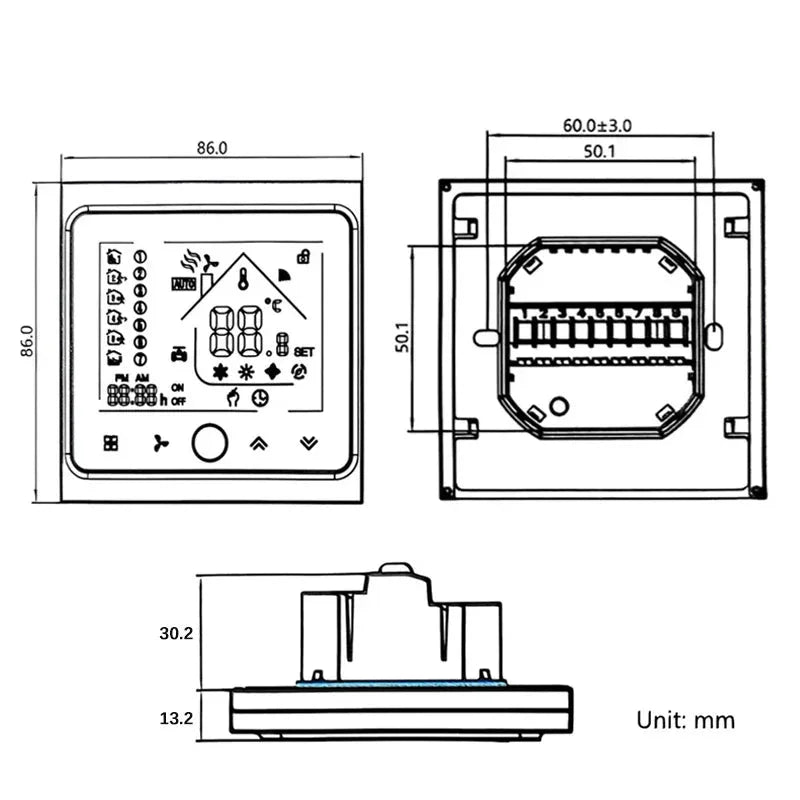 Digital thermostat with dimensions, display icons, and wiring diagram for HVAC installation