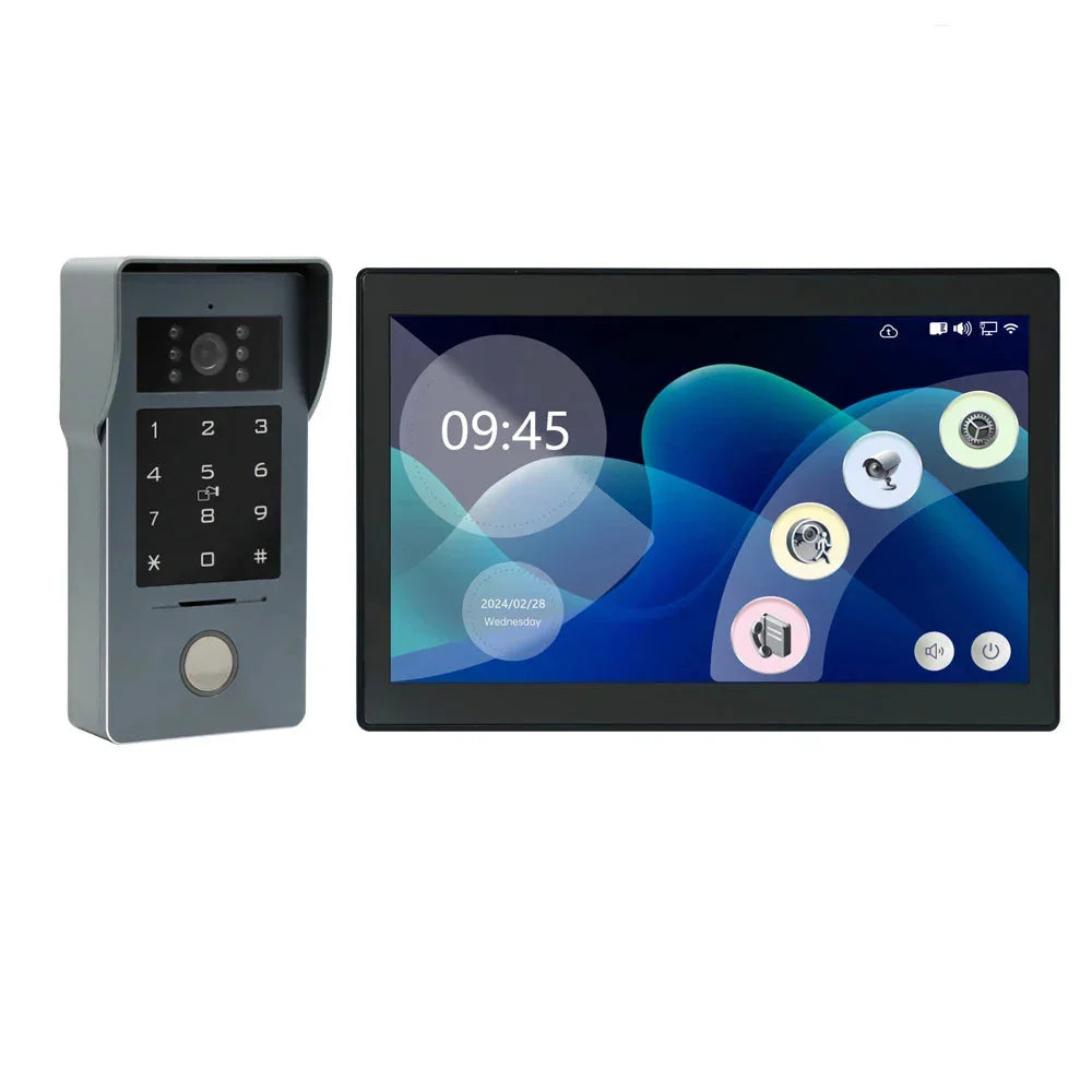 Smart video doorbell with keypad and touchscreen monitor displaying time and camera controls