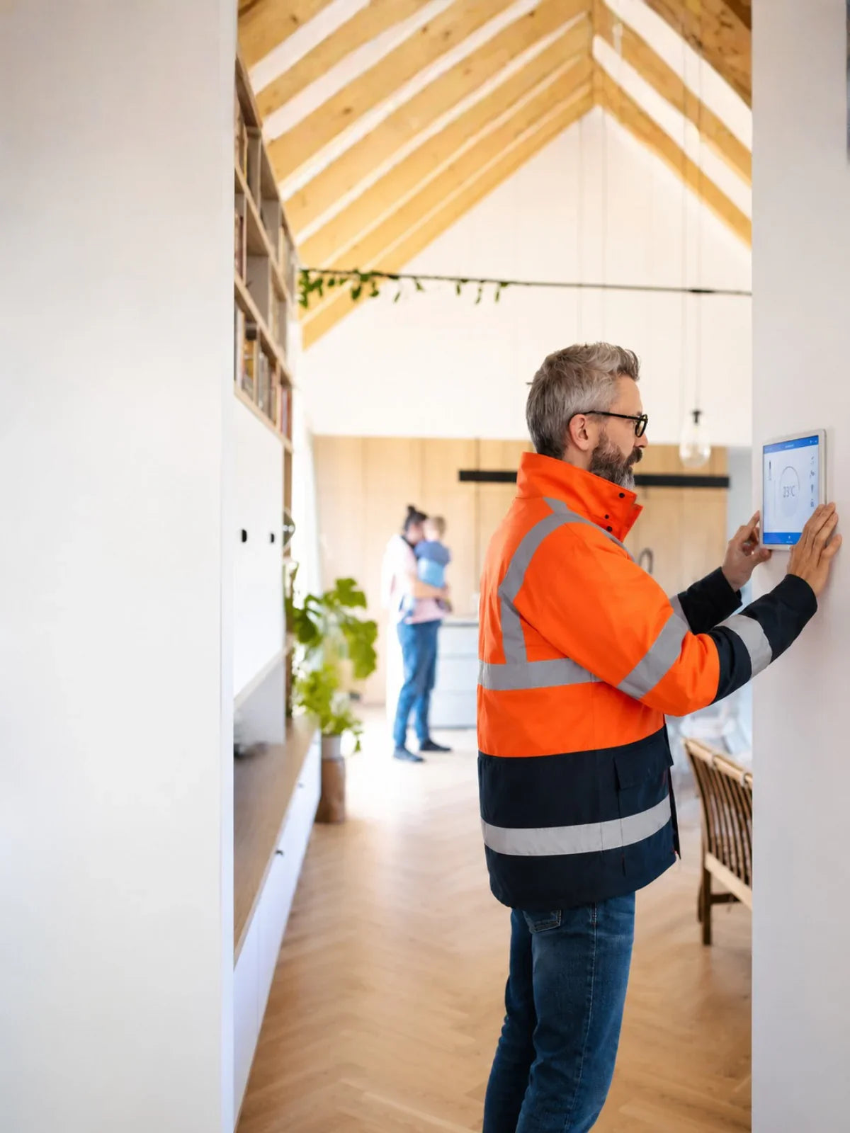 Technician installing smart thermostat in modern home, adjusting temperature settings on digital display