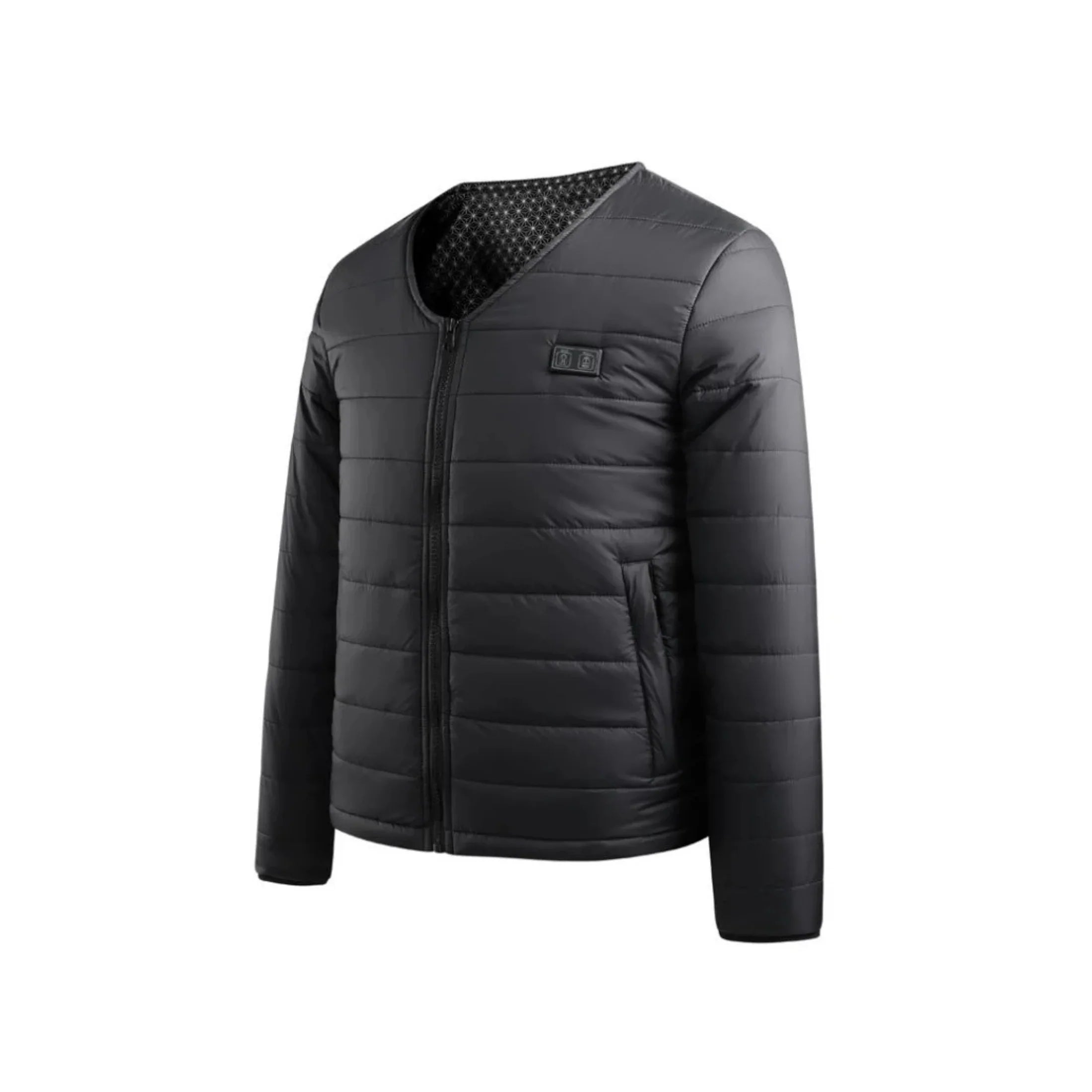 Black heated puffer jacket with zip front and control panel, lightweight winter outerwear