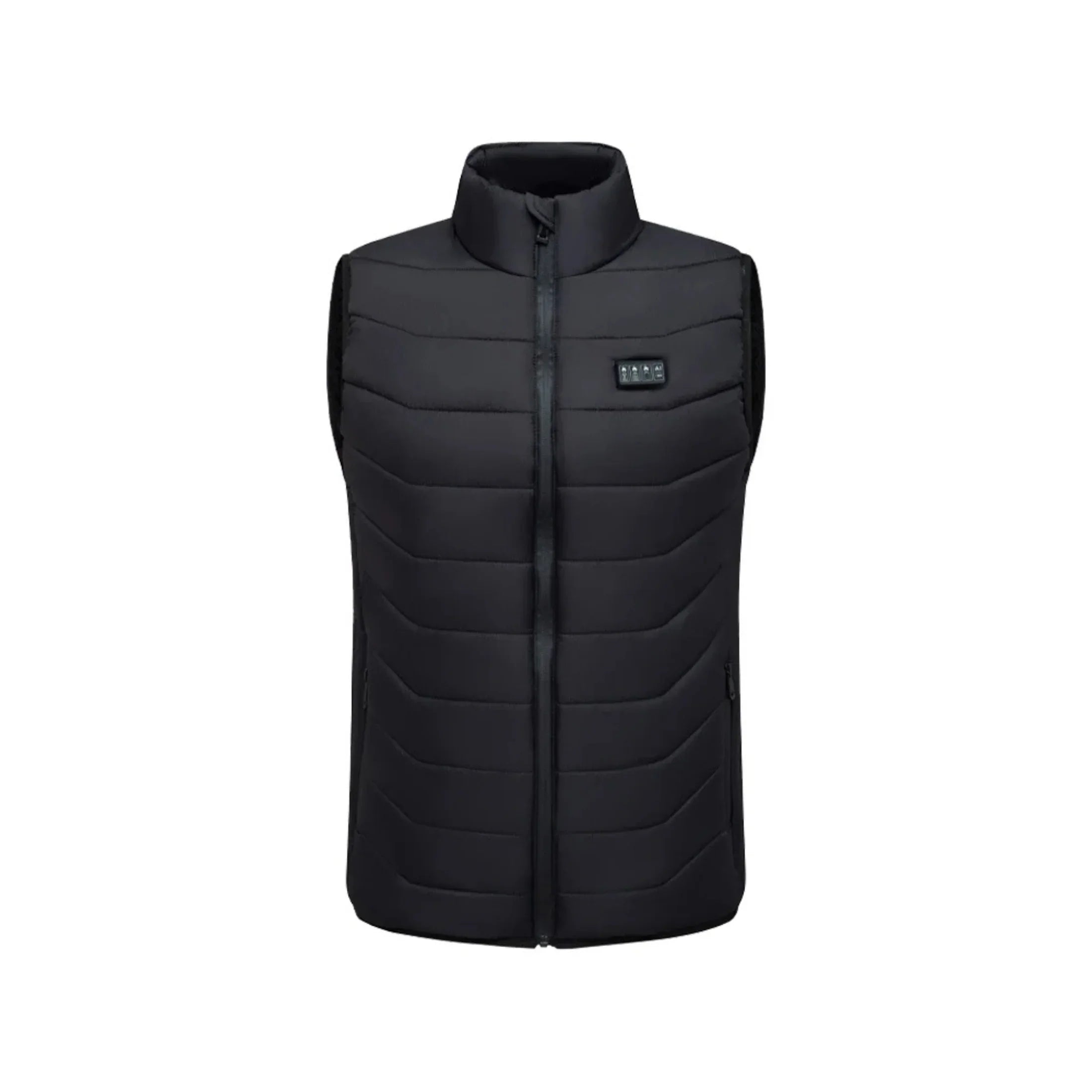 Black heated vest with zip front and control panel, ideal for outdoor warmth and comfort